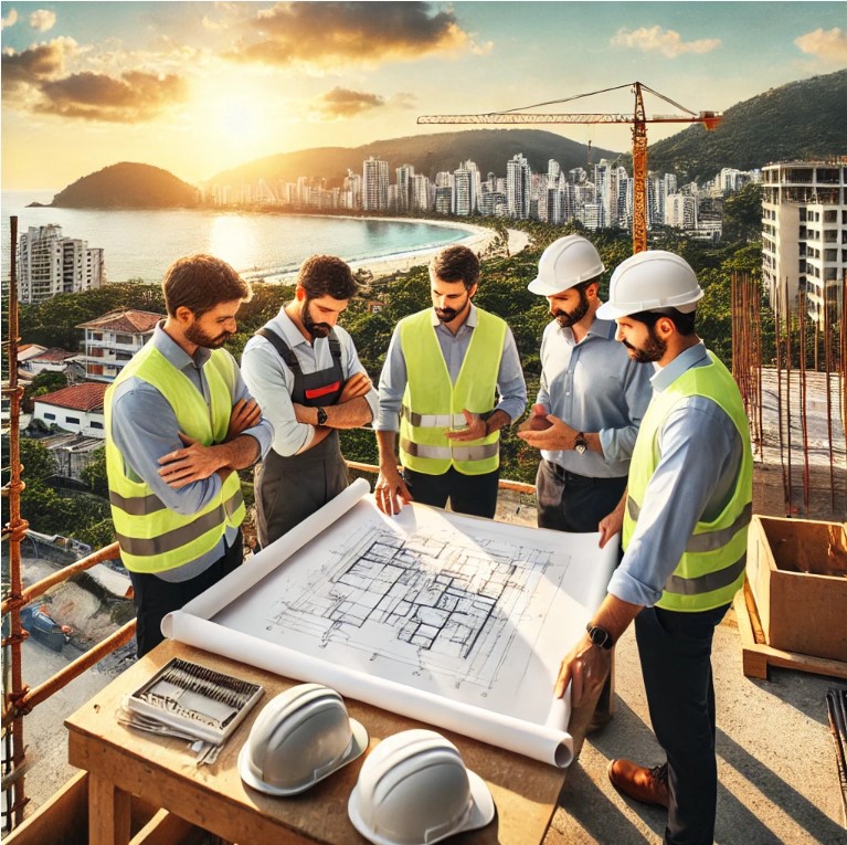 Engenheiros da KN Projetos de Engenharia analisando plantas no local da obra em Caraguatatuba, garantindo segurança e qualidade nos projetos estruturais, elétricos e hidrossanitários