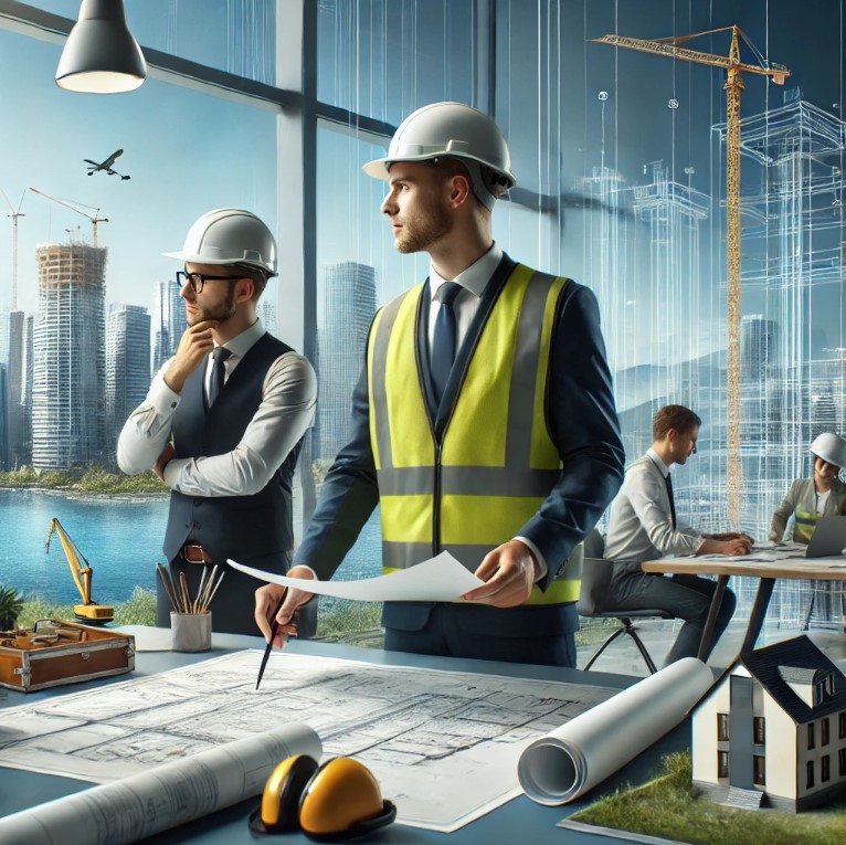 engenheiro-civil-Bertioga Engenheiros analisando projetos em um canteiro de obras em Bertioga, com vista para o oceano e construções ao fundo, destacando a engenharia na região