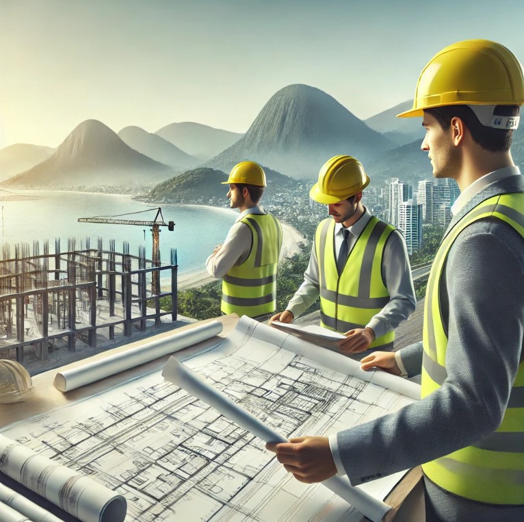 engenheiro-ilhabela-projetos Engenheiros analisando projetos em um canteiro de obras em Ilhabela, com vista para o mar e montanhas ao fundo, destacando a engenharia na região