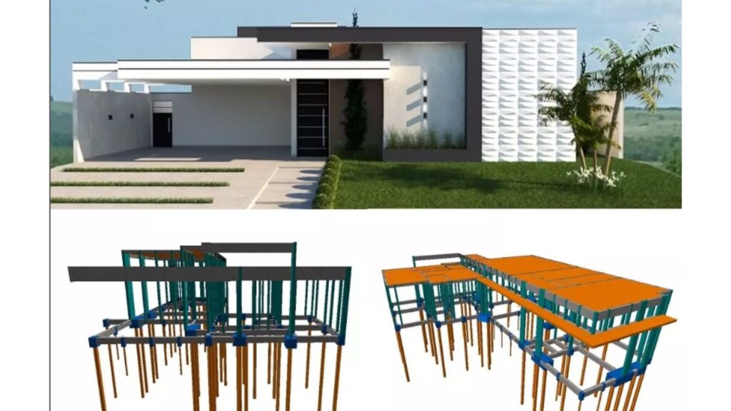 Projeto estrutural em Caraguatatuba de residência térrea com fundação profunda e estrutura em concreto armado modelada em 3D.