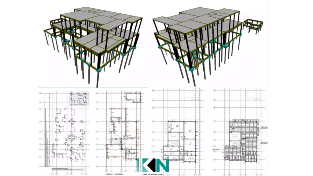 Projeto estrutural em Caraguatatuba de residência térrea com fundação profunda, estrutura em concreto armado e planta de formas detalhada com modelo 3D.