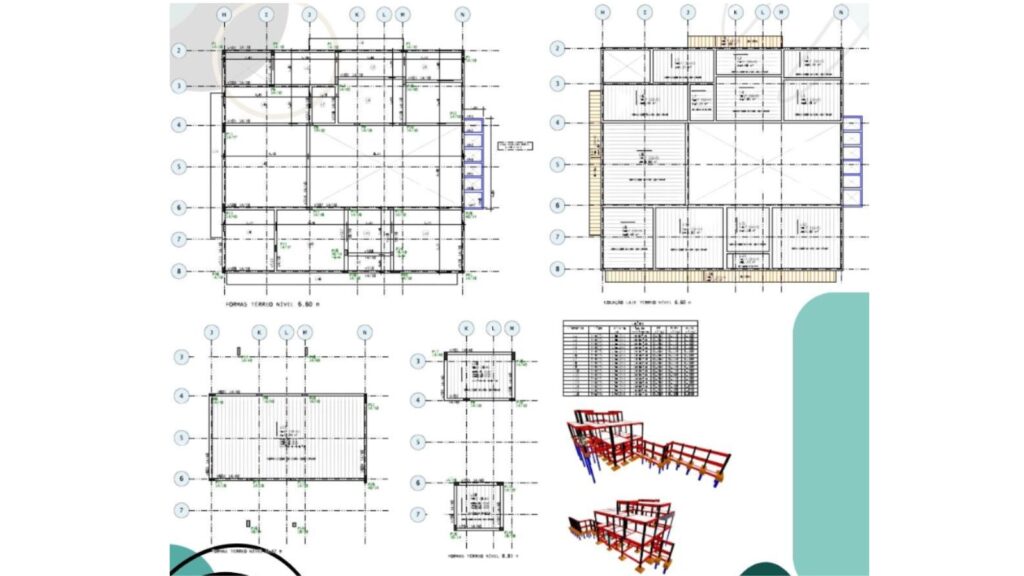 Projeto estrutural em Caraguatatuba com planta de formas em concreto armado, elementos metálicos integrados e modelo 3D para apoio técnico na execução.